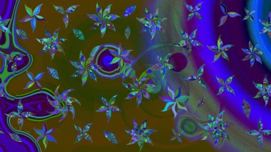 Raster illüstrasyonu. Kahverengi ve yeşil renkli çiçekler. Çizim çiçek deseni duvar kağıdı için kullanılabilir.