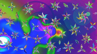 Raster illüstrasyonu. Mavi ve mor renkli çiçek çizimi. Çiçek deseni. Şatafatlı bahar bahçesi dokusu. Mavi ve mor renkte çiçekler.