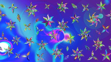 Modern çiçek arkaplanı. Halk tarzı. Parlak renkli çiçekleri ve mavi ve menekşe renklerinde yaprakları olan harika bir çiçek deseni. Moda baskıları için zarif bir şablon.