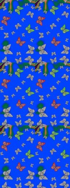 Raster illüstrasyonu. Moda sevimli kumaş tasarımı. Mavi ve gri arka planda güzel renkli kelebeklerin Raster vintage el çizimi.