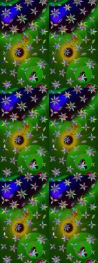 Yeşil ve siyah renkli çiçekler. Sevimli çiçek raster deseni. Renkli Bahar Teması eskiz kalıbı. Düz Çiçek Elementleri Tasarımı.