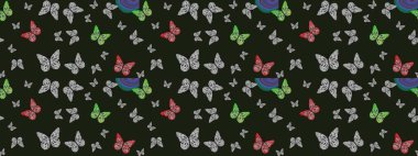 Raster renkli sonsuz doku. Bahar ve yaz tasarımı için renkli bir arkaplan. Kelebekli çizim şekli. El çizimi illüstrasyon.
