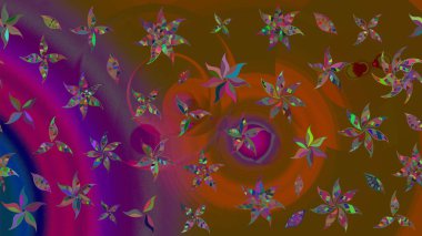 Çiçekli karalama şeklinde Raster çiçek deseni. Yumuşak, bahar çiçekli arka plan. Kahverengi ve mor renkte çiçekler.