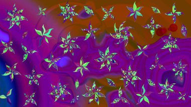 Çiçekler. Soyut etnik raster çizim kalıbı. Vadinin çiçekleri mor ve kahverengi renklerde.