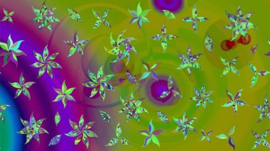 Parlak çiçekli yeşil ve mor renkler üzerine soyut çizim deseni. Çiçeksel elementlerle süslenmiş zarif raster dokusu. Küçük çiçekte şirin bir çiçek deseni var..