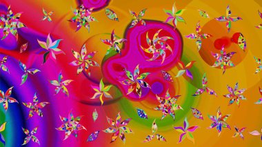 Parlak renkli çiçekleri ve sarı ve kırmızı renkte yaprakları olan harika bir çiçek deseni. Moda baskıları için zarif bir şablon. Modern çiçek arkaplanı. Halk stili.