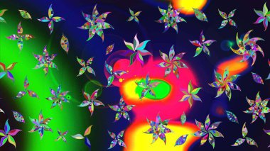 Parlak renkli fantezi çiçekleri, yapraklar, gri renkli tomurcuklar. Suluboya el çizimi elementli çiçek çizimi deseni.