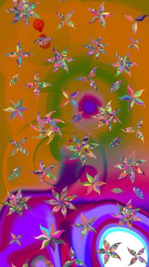 Yaprak ve çiçeklerin suluboya resimleri, turuncu ve kahverengi renkler üzerine çizimler. Turuncu ve kahverengi renklerde bahar çiçekleri. Raster illüstrasyonu.