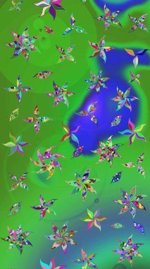 Çiçekli çiçek deseni, suluboya. Yeşil ve mavi renkli çiçekler. Renkli Bahar Teması çizim kalıbı. Düz Çiçek Elementleri Tasarım Raster illüstrasyonu.