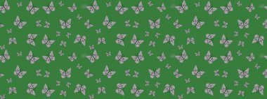 Renkli kelebeklerin eskiz geçmişi. Giysi tasarımı için yeşil ve gri arka planda dekorasyon. Raster illüstrasyonu.