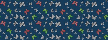 Simple feminine pattern for invitation, card, print. Repeating insect fabric clipart for garments. Contrast sketch butterfly cloth template on blue and gray. Flying butterfly linen theme Raster.