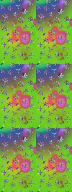 Yumuşak, yeşil ve mor renkte bahar çiçekleri. Çiçek ve yapraklı karalama şeklinde Raster çiçek deseni. Raster illüstrasyonu.