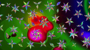 Çiçekli karalama şeklinde Raster çiçek deseni. Yumuşak, bahar çiçekli arka plan. Yeşil ve mavi renkte çiçekler.