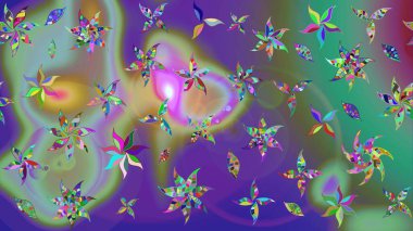 Parlak renkli çiçekleri ve yeşil ve menekşe rengi yaprakları olan harika bir çiçek deseni. Moda baskıları için zarif bir şablon. Modern çiçek arkaplanı. Halk stili.