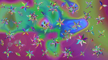 Çiçek ve yapraklı karalama şeklinde Raster çiçek deseni. Yumuşak, bahar çiçekleri yeşil ve mor renklerde. Raster illüstrasyonu.