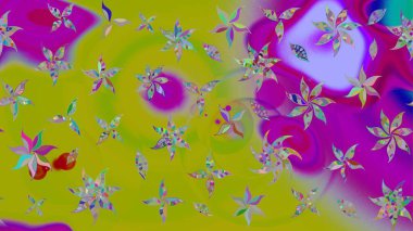 Klasik çiçek tasarımı elementleri. Yeşil ve mor kıvırcık çiçekler yeşil ve mor renklerde şekillenir. Raster illüstrasyonu.