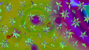 Parlak renkli çiçekleri ve yeşil ve mor renkli yaprakları olan harika bir çiçek deseni. Moda baskıları için zarif bir şablon. Modern çiçek arkaplanı. Halk stili.