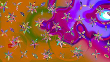 Raster illüstrasyonundaki çiçek desenli çizim. Turuncu ve mor renkte çiçekler.