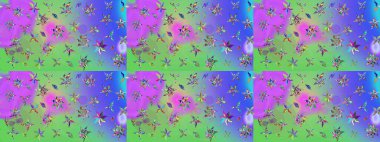 Simple floral sketch pattern with small flowers. Elegant decorative ornament for fashion print, scrapbook, wrapping paper, wallpaper. Cute flowers on violet and green colors. Raster illustration.