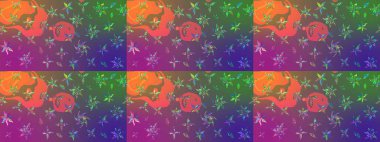 Tekrarlayan çiçek arkaplanı, zarif mor ve yeşil çiçek duvar kağıdı. Mor ve yeşil renkler üzerine çiçek desenli çizimler, el yapımı papatyalar, papatyalar..