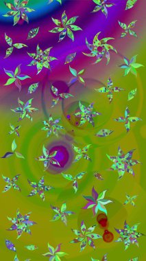 Parlak renkli çiçekleri ve yeşil ve mor renkli yaprakları olan harika bir çiçek deseni. Moda baskıları için zarif bir şablon. Modern çiçek arkaplanı. Halk stili.