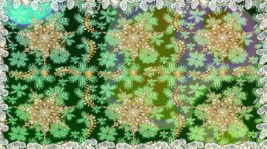 Davetiyeler, kartlar, web sayfası için Raster illüstrasyon. Doğu tarzı element. Çizgi sanatı tasarım şablonu için kusursuz sınır. Altın desenli çiçek dekoru. Yeşil renkte altın element.