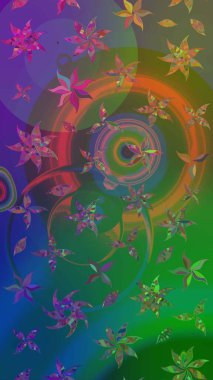 Yeşil ve mavi renkte çiçekler. Raster Illustrasyon 'daki Çiçek Deseni' nin son moda çizimi. Renkli Yaz Temalı eskiz kalıbı. Düz Çiçek Elementleri Tasarımı.