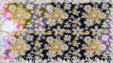 Geleneksel raster ve altın desen. Damask pürüzsüz süsü. Gri renkler üzerinde klasik oryantal desen.