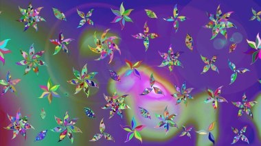 Çiçekli karalama şeklinde Raster çiçek deseni. Nazik, narin çiçek arkaplanı. Mor ve yeşil renkte çiçekler.