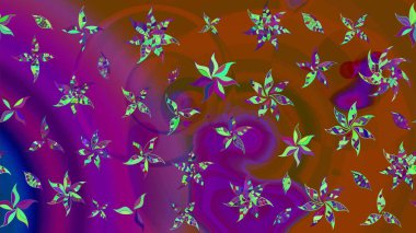 Çiçekler. Soyut etnik raster çizim kalıbı. Vadinin çiçekleri mor ve kahverengi renklerde.