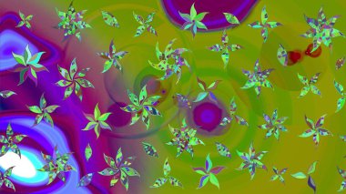 Çiçekli karalama şeklinde Raster çiçek deseni. Nazik, narin çiçek arkaplanı. Yeşil ve mor renkte çiçekler.