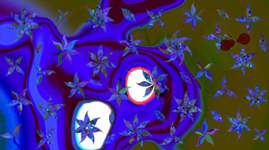 Mavi ve yeşil renkte etnik çiçeklerle süslenmiş zarif bir eskiz şekli. Asya Tekstil 'inde Raster Çiçek İllüstrasyonu.