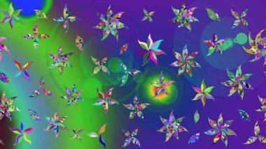 Raster illüstrasyonundaki çiçek desenli çizim. Suluboya tarzında mavi ve yeşil renkte çiçekler.