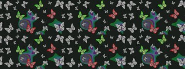 Kelebekler gri ve yeşil arka planda. Kelebekli tasarım. Robot resim. Çizim, karalama, karalama. Sonsuz. Raster illüstrasyonu.