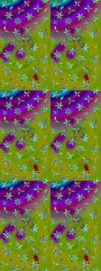 Yeşil ve mor renkli çiçekler. Raster düz çiçek çizim deseni. Tasarım hediye paketi, tebrik kartları, posterler ve afiş tasarımı.