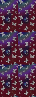 Renkli romantik kelebekler eskizler çiziyor. Elle çizilmiş kelebeklerle. Kahverengi ve mor renklerin soyut arkaplanı. Dekoratif Raster illüstrasyonu.