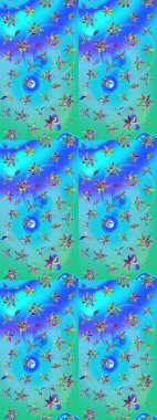 Renkli Bahar Teması eskiz kalıbı. Düz Çiçek Elementleri Tasarımı. Raster illüstrasyonundaki çiçek desenli çizim. Mavi ve yeşil renkte çiçekler.