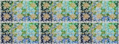 Senin tasarımın için, duvar kağıdı. Altın rengi, kusursuz çizim. Tarafsız ve mavi renklerde altın çiçekli altın desenler. Raster geometrik arkaplanı.