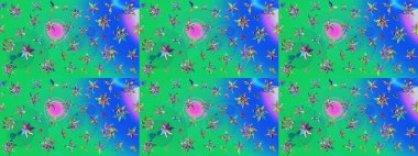 Çiçekli el çizimi çizimi deseni. Modern gelişim yeşil ve mavi raster arka plan duvar kâğıdı illüstrasyon klasik çizgili iz sürme desenli çiçekler, çiçekli süsler.