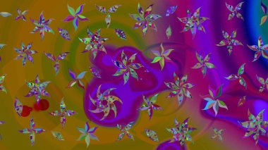 Patlayan çiçekler soyut olarak yerleştirilmiş. Raster deseni. Yumuşak, bahar çiçekleri kahverengi ve mor renklerde. Raster illüstrasyonu.