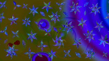 Renkli desenli eskiz deseni, yeşil ve mavi çiçekler ve dekoratif elementler. Eskiz geçmişi. Raster illüstrasyonu. Kumaş, tekstil, duvar kağıdı baskısı için. Antika retro tarzı.