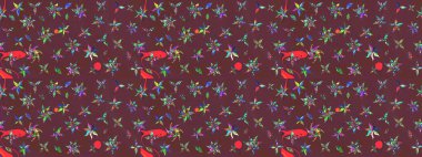 Raster çiçek desenli çiçek deseni, yapraklar, dekoratif elementler, sıçrama, lekeler, el çizimi kontur çizgileri ve Doodle çizim stili, grafik raster çizim çizimi.