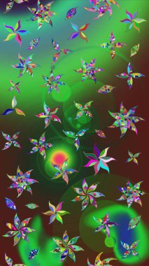 Raster illüstrasyonundaki çiçek desenli çizim. Renkli Bahar Teması eskiz kalıbı. Düz Çiçek Elementleri Tasarımı. Yeşil ve kahverengi renkte çiçekler.