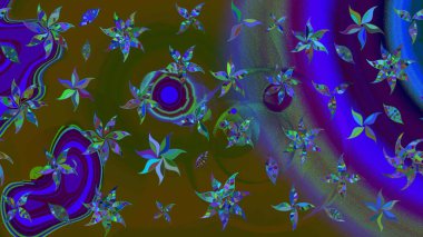 Renkli Bahar Teması eskiz kalıbı. Kahverengi ve mavi renkli çiçekler. Raster illüstrasyonundaki çiçek desenli çizim. Düz Çiçek Elementleri Tasarımı.