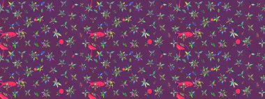 Çizim çiçek deseni duvar kâğıdı olarak kullanılabilir. Raster illüstrasyonu. Mor ve yeşil renkte çiçekler.