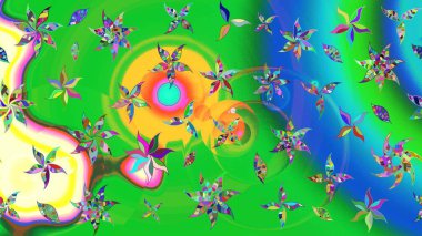 Yeşil ve mavi renkte çiçekler. Gömlek baskısı için çiçek boyası. Çiçek eskiz kalıbı geçmişi.