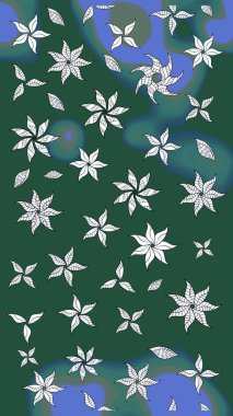 Düz Çiçek Elementleri Tasarımı. Raster illüstrasyonu. Yeşil renkli çiçekler. Renkli Bahar Teması eskiz kalıbı. Asya tekstil tarzında. Çiçek desenini çiz.