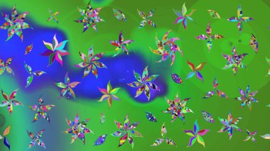 El çizimi çiçekli soyut çizim kalıbı. Raster illüstrasyonu. Yeşil ve mavi renkte çiçekler.