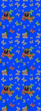 Eskiz kalıbı arka planı. Mavi ve gri renkte soyut sevimli kelebek. Basit bir şekilde. Raster illüstrasyonu.