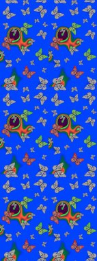 Eskiz kalıbı arka planı. Mavi ve gri renkte soyut sevimli kelebek. Basit bir şekilde. Raster illüstrasyonu.